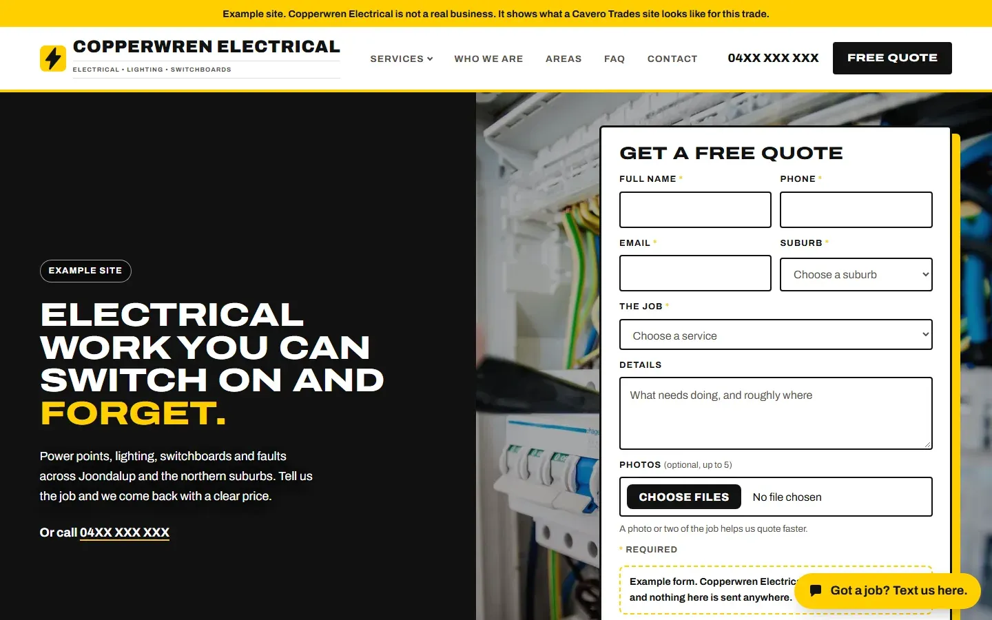 The top of the example site for an electrician on a desktop screen.
