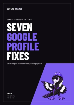 The cover of the guide: Seven Google profile fixes for tradies.