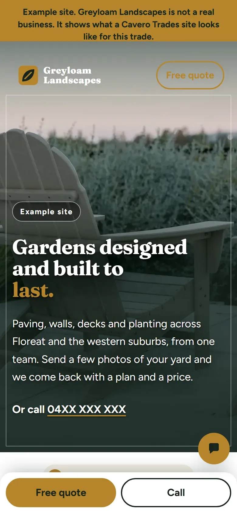 The same site on a phone: a tag that says it is an example site, and a headline over a big photo of garden chairs.